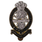 Front view of the Princess of Wales's Royal Regiment bi-metal cap badge showing the Elizabethan dragon and enamel detailing