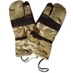 A pair of genuine British Army MTP Goretex mittens shown flat against a white background, highlighting the Multi-Terrain Pattern camouflage and trigger finger design.