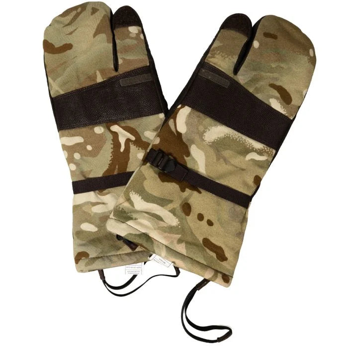 A pair of genuine British Army MTP Goretex mittens shown flat against a white background, highlighting the Multi-Terrain Pattern camouflage and trigger finger design.