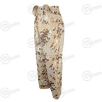 Side angle of Italian Army desert Vegetata overtrousers showing elastic waistband and hip pocket pass-through