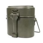 Fully assembled Austrian Army mess tin set viewed from the side, showing the folding steel handle and classic kidney-shaped military design.