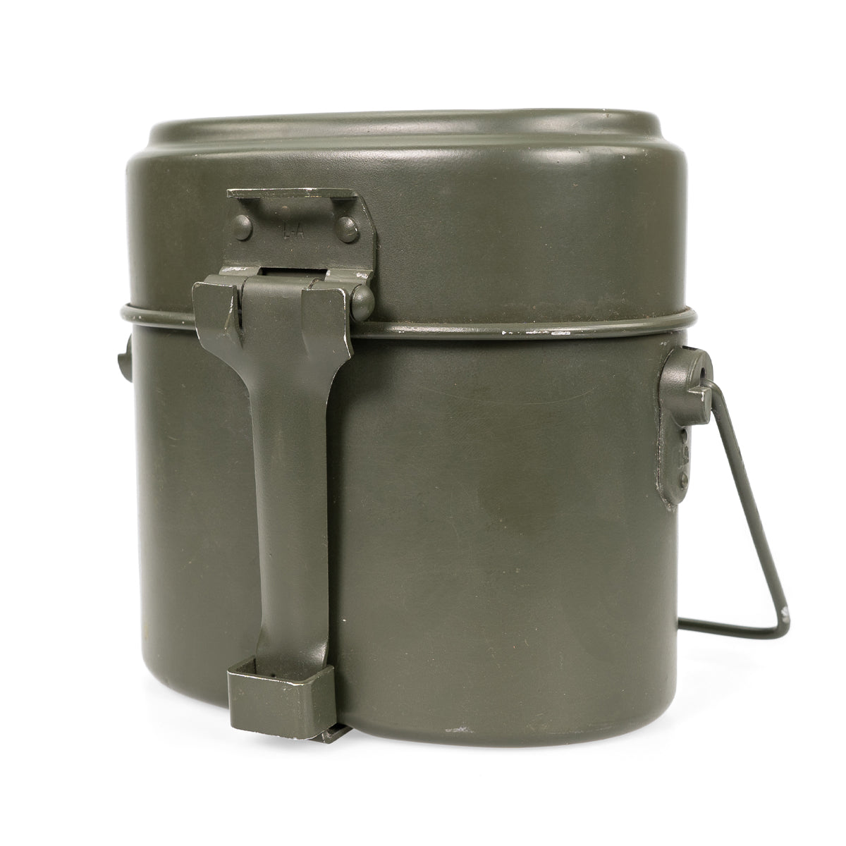 Fully assembled Austrian Army mess tin set viewed from the side, showing the folding steel handle and classic kidney-shaped military design.