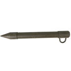 Full-length side profile of a German BW army wooden tent peg with a pointed steel cap and steel guy line ring.