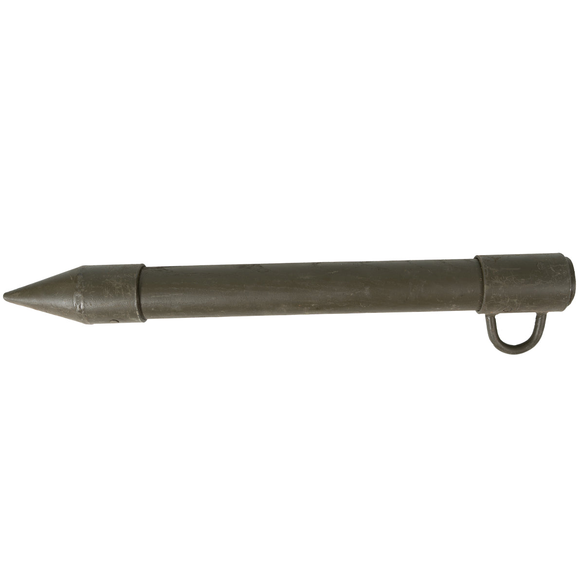Full-length side profile of a German BW army wooden tent peg with a pointed steel cap and steel guy line ring.