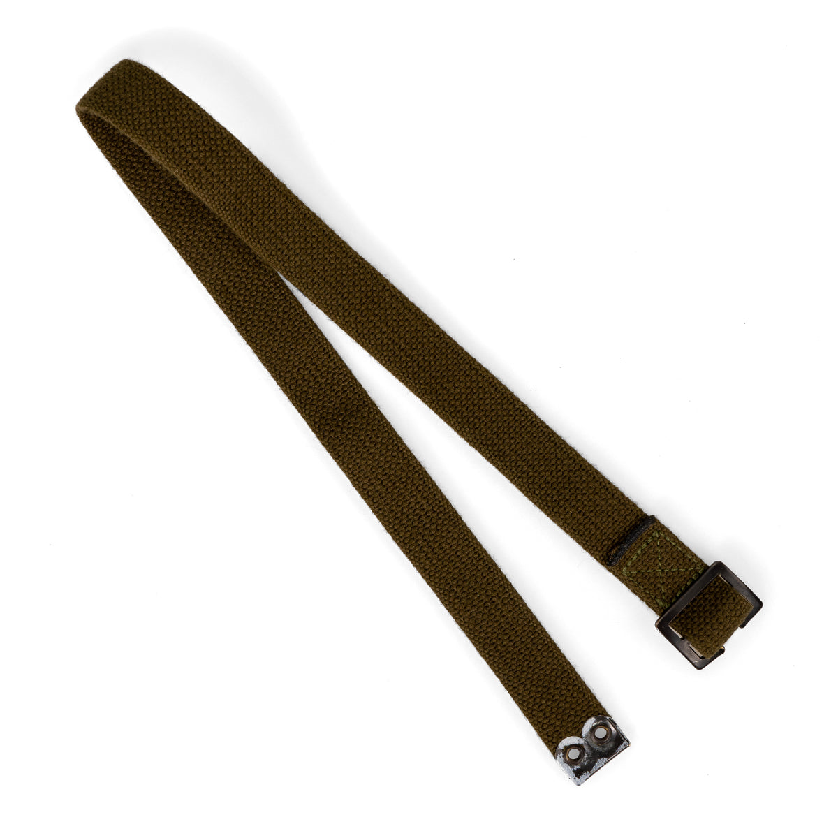 Genuine British Army 65cm canvas strap in olive drab, featuring a black brass buckle and metal end-fitting with two eyelets.