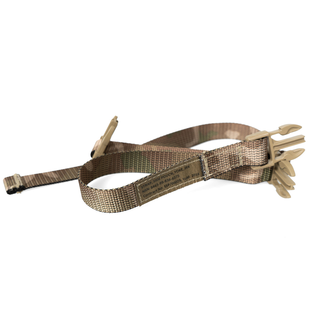 Genuine British Army MTP side pouch strap featuring tan side-release buckles and clear NSN label markings.