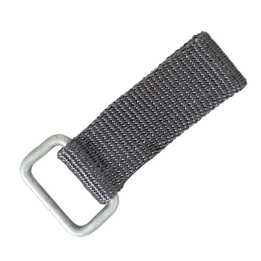 Genuine East German NVA belt loop made of stone-grey nylon webbing with a durable zinc-coated steel ring.