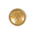 Front view of an original 22mm Soviet Russian Army tunic button, featuring a textured gold-tone brass star with a hammer and sickle emblem.