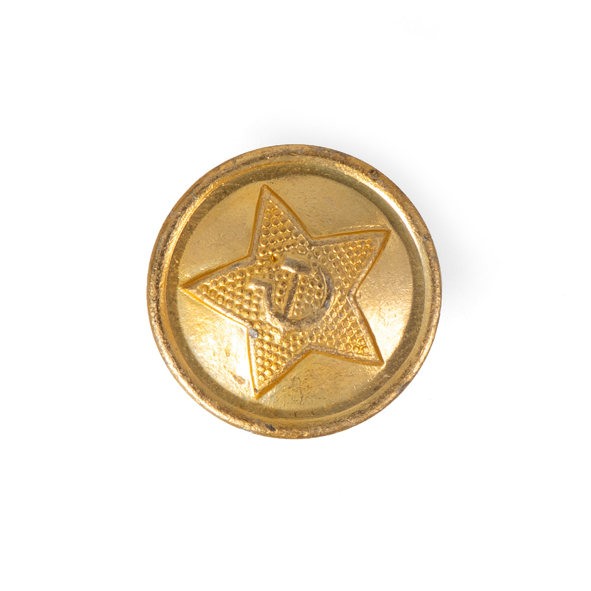 Front view of an original 22mm Soviet Russian Army tunic button, featuring a textured gold-tone brass star with a hammer and sickle emblem.