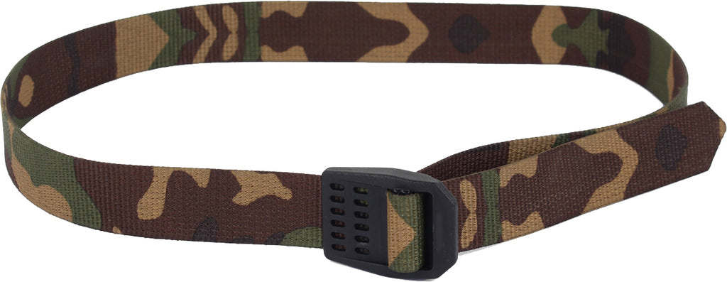 Original Dutch military webbing strap in woodland camouflage pattern with a black plastic buckle.