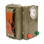 Closed Swiss Army signalling torch showing the front controls and the brown leather carry strap on the hinged rear panel.