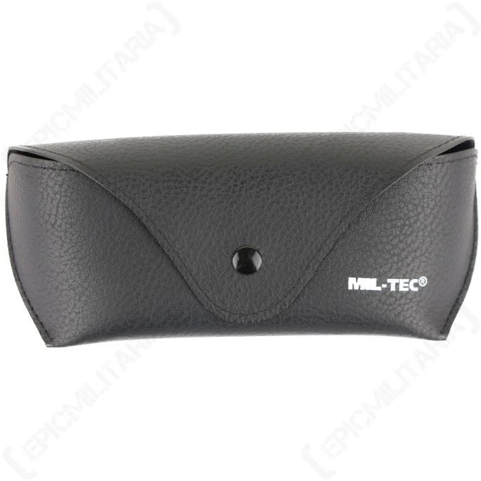 Closed black Mil-Tec hard sunglasses storage case with press stud fastener and logo