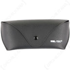 Closed black Mil-Tec hard sunglasses storage case with press stud fastener and logo