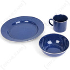 Blue enamel camping dinner set showing plate, bowl, and mug with stainless steel rims on a white background.