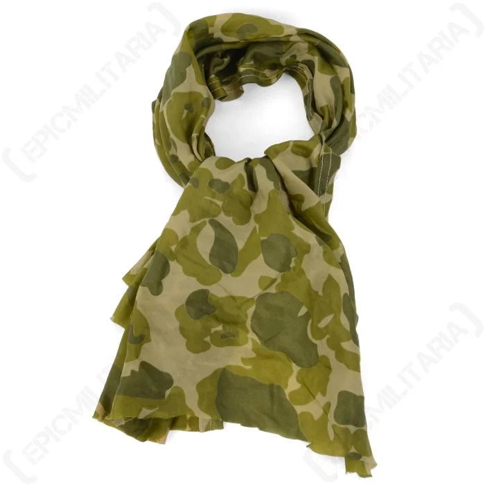 US WW2 camouflage parachute jump scarf displayed flat showing raw cut shape