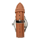 Rear view showing brown textured PU leather strap with silver buckle
