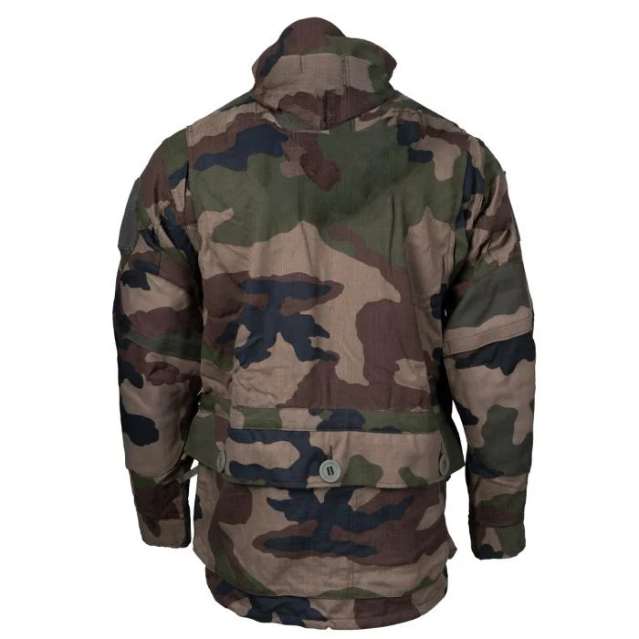 Rear view of the French Army FELIN T4 combat jacket showing the dual-access lumbar poachers pocket