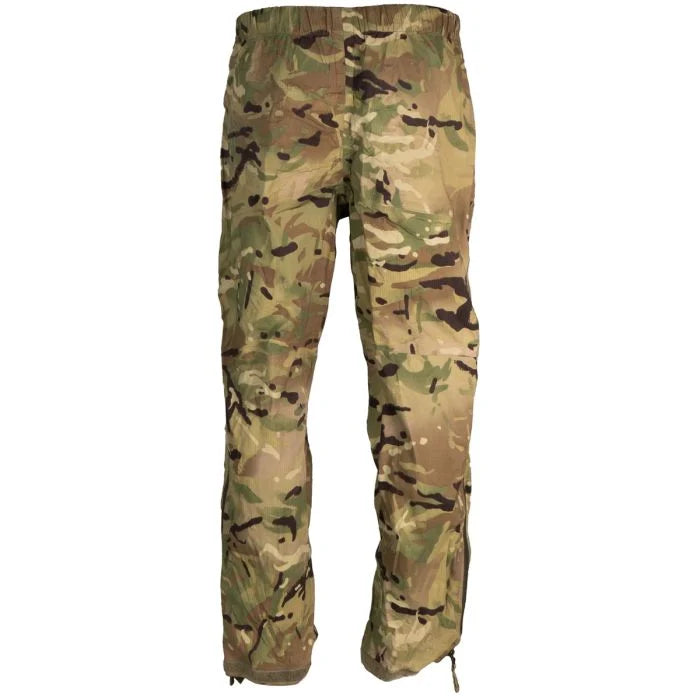 Rear view of British Army MTP waterproof overtrousers displaying camouflage pattern