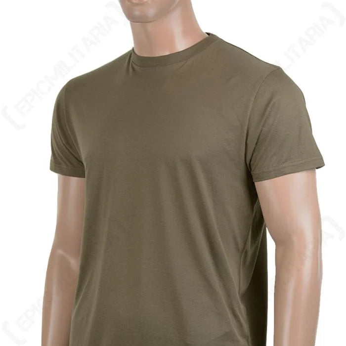 Quarter-view of the olive BDU T-Shirt on a mannequin, emphasizing the straight cut for freedom of movement in the field.