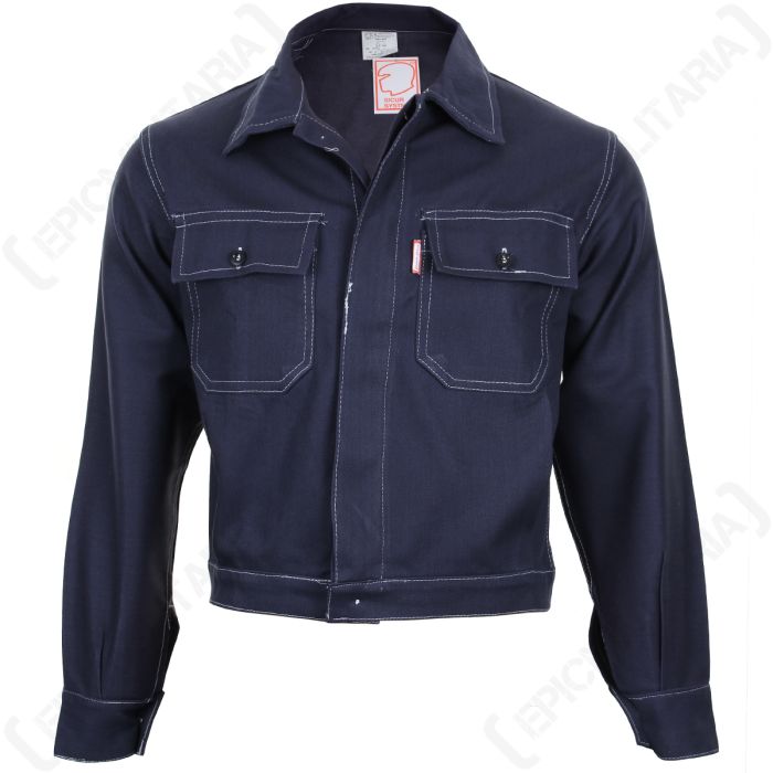 Front view of original Italian short work jacket in navy blue with white contrast stitching