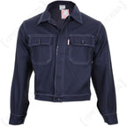 Front view of original Italian short work jacket in navy blue with white contrast stitching