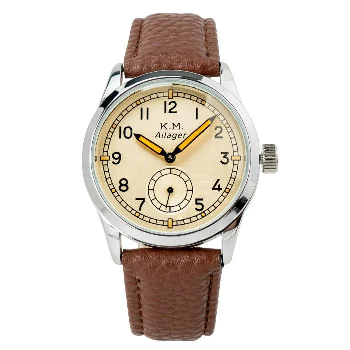 Front dial view of German Kriegsmarine service watch with cream face and brown strap