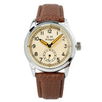 Front dial view of German Kriegsmarine service watch with cream face and brown strap