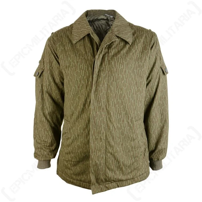 Front view of East German Strichtarn winter jacket with raindrop camouflage and turn-down collar