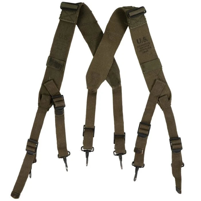 Original US Army M44 suspenders in Olive Drab OD7 cotton webbing showing full harness layout.