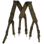 Original US Army M44 suspenders in Olive Drab OD7 cotton webbing showing full harness layout.