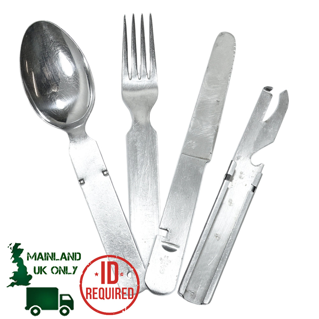 German Army stainless steel eating utensils including spoon, fork, knife, and can opener laid out flat on a white background.