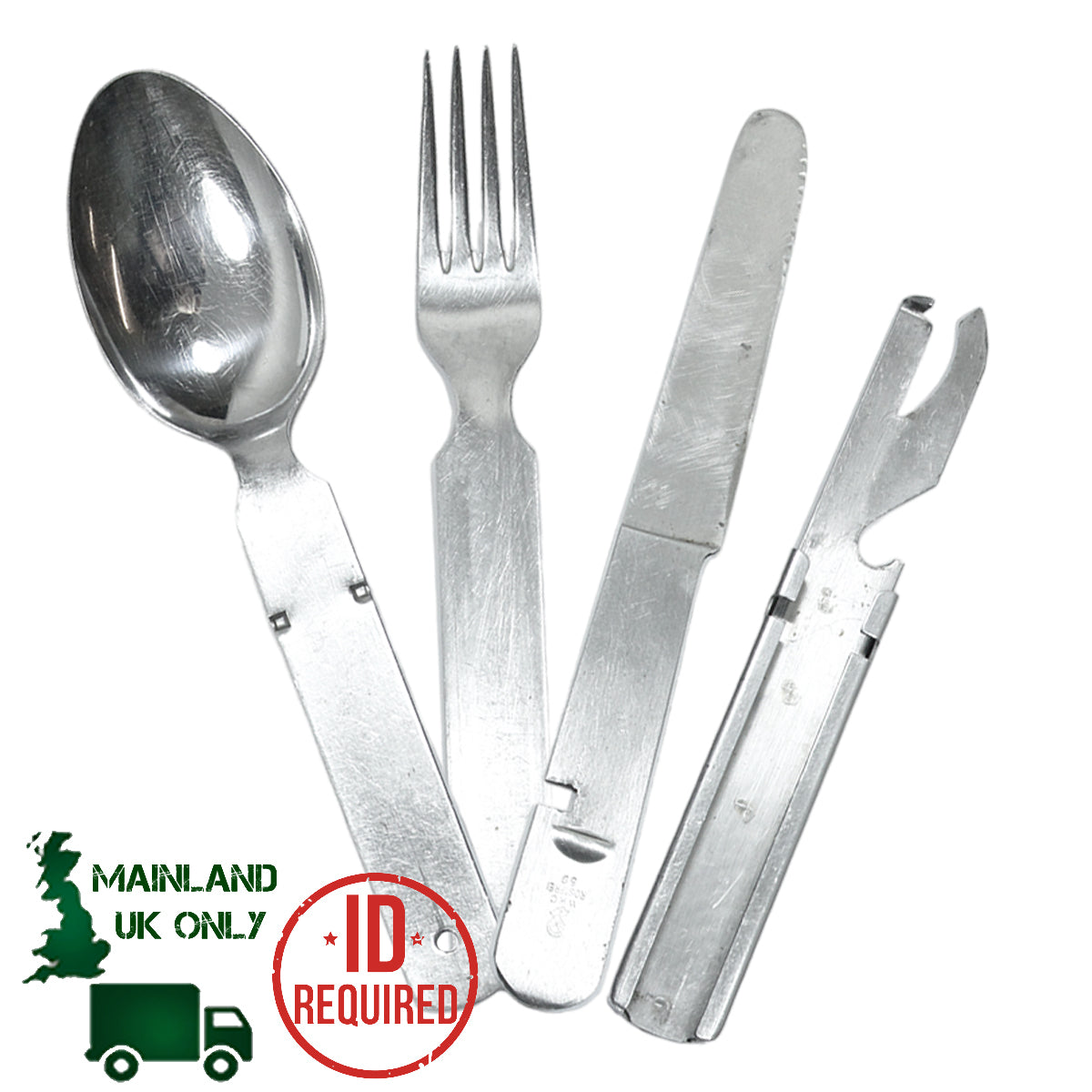 German Army stainless steel eating utensils including spoon, fork, knife, and can opener laid out flat on a white background.
