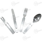 Authentic military surplus German Army mess kit cutlery set spread out, featuring durable stainless steel construction.