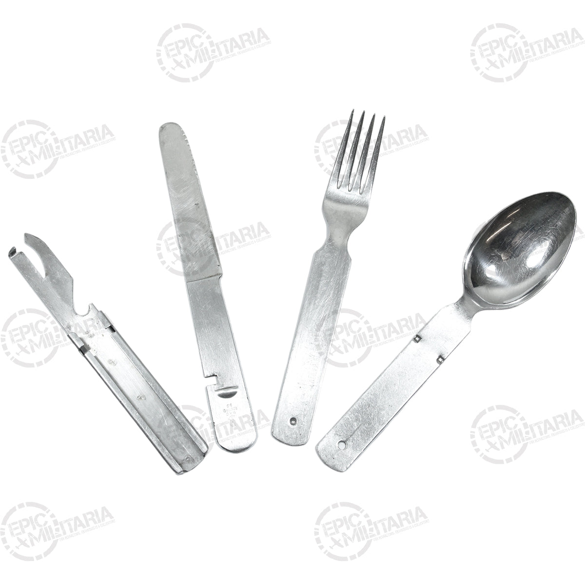 Authentic military surplus German Army mess kit cutlery set spread out, featuring durable stainless steel construction.