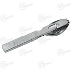 Compact German Army stainless steel mess kit utensils slotted together into a single portable unit for easy carrying.