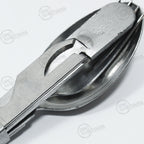 Close-up detail of German Army stainless steel utensil set showing stamped markings on the handle and interlocking design.