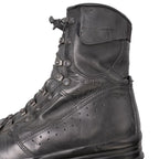 Side profile of the black leather Meindl Fliegerstiefel showing ankle ventilation perforations and reinforced heel stitching