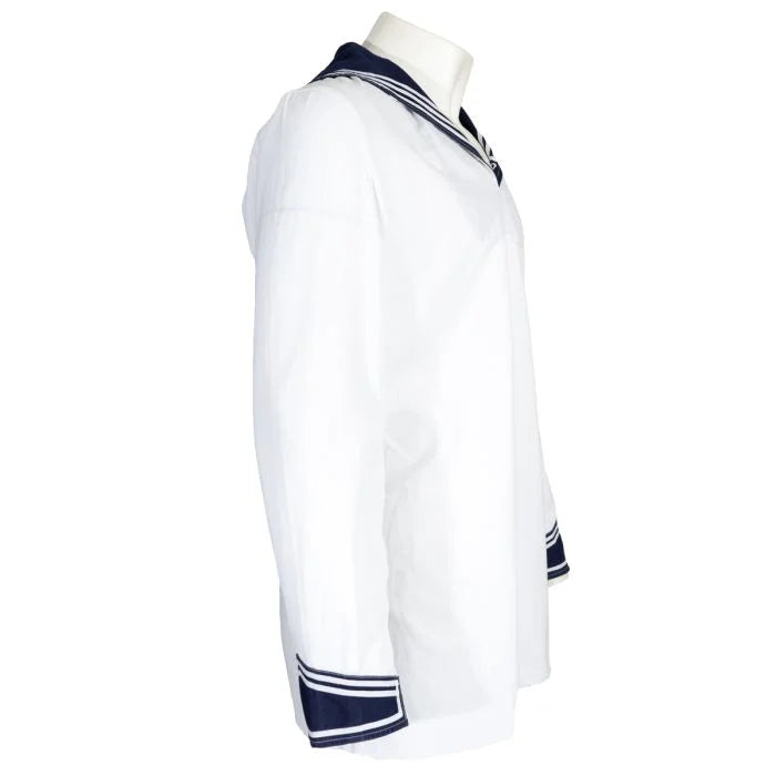 Side view of the white German Navy dress shirt showing the buttoned sleeve cuff and blue collar