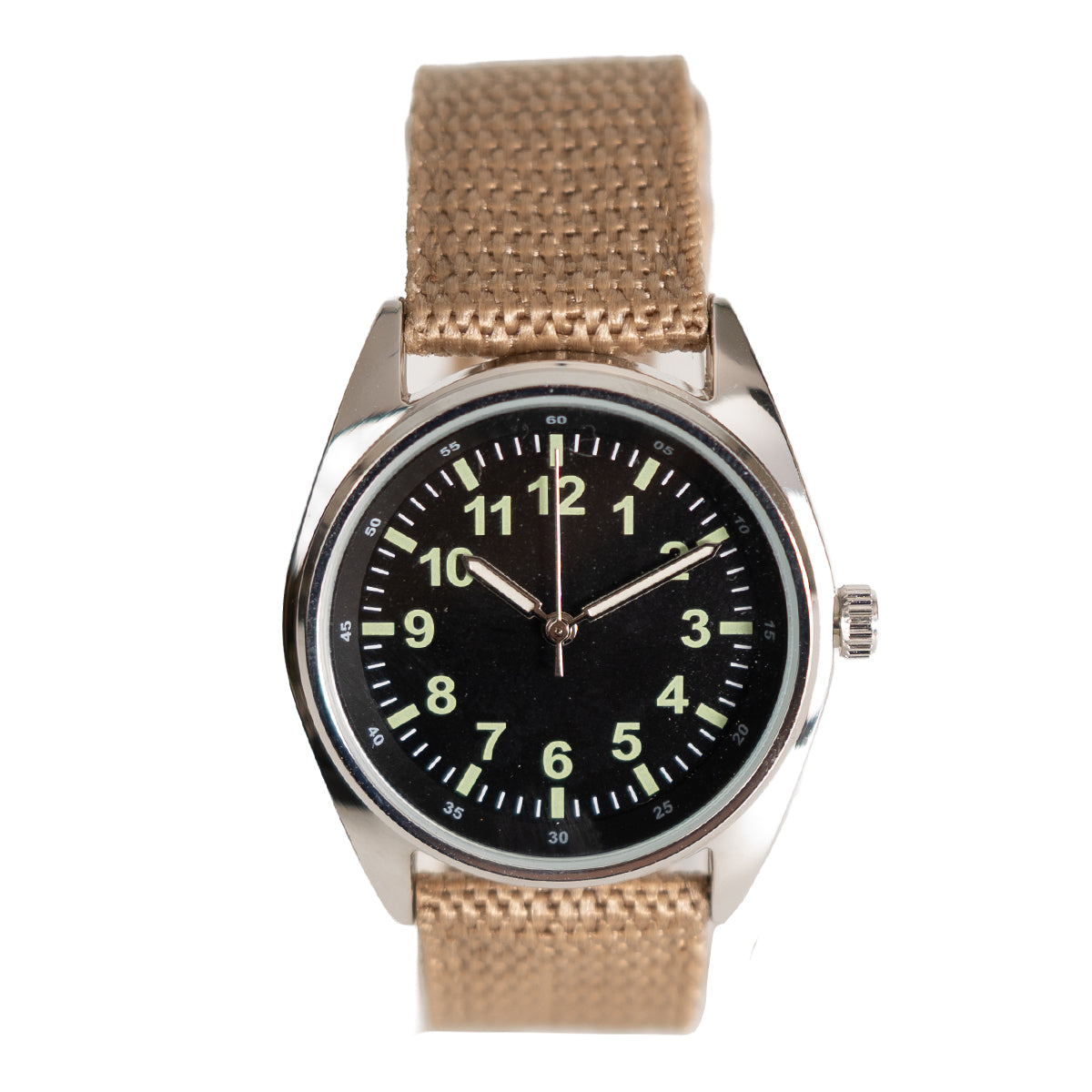 1980s British Airman quartz watch with a high-contrast black dial, green Arabic numerals, and a rugged tan canvas strap.
