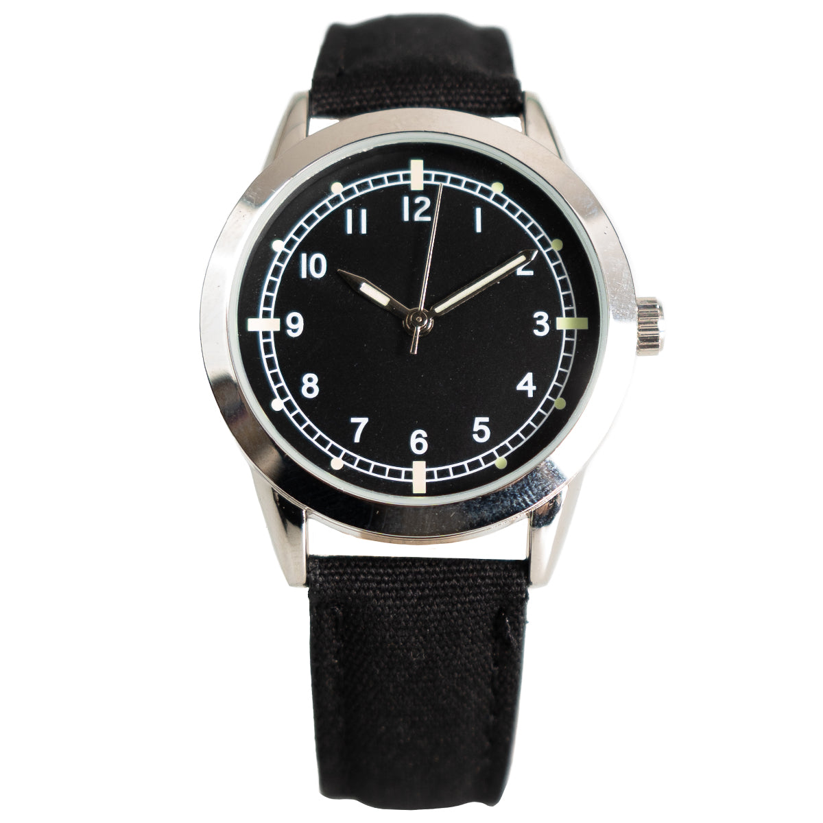 1950s British RAF pilot watch featuring a matte black dial with high-contrast Arabic numerals and silver-tone case.