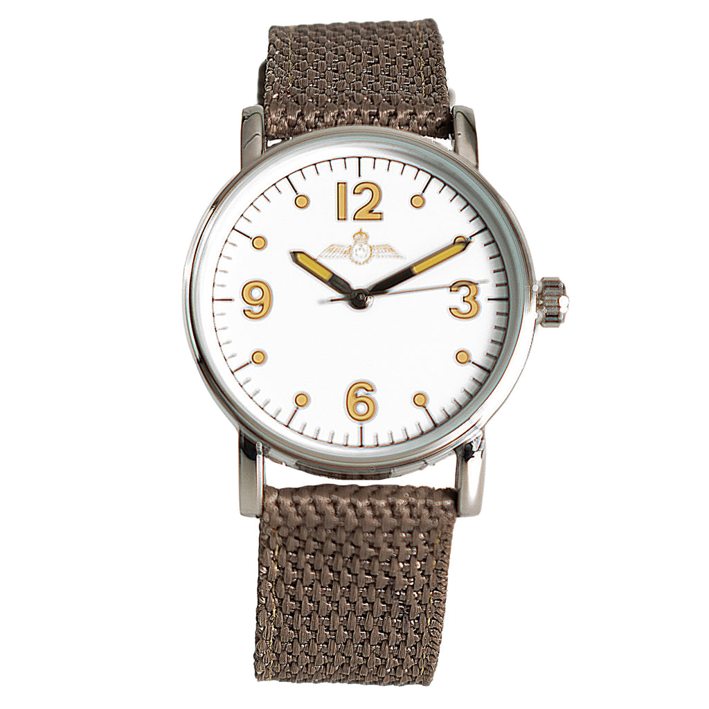 1940s Canadian RCAF pilot watch featuring a 33mm case, white dial with gold-tone numerals, winged crest, and brown canvas strap.
