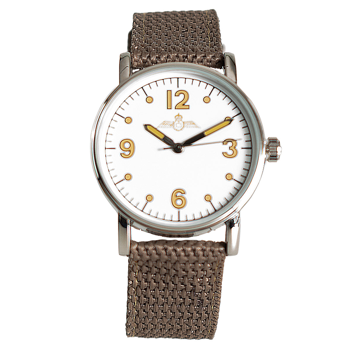 1940s Canadian RCAF pilot watch featuring a 33mm case, white dial with gold-tone numerals, winged crest, and brown canvas strap.