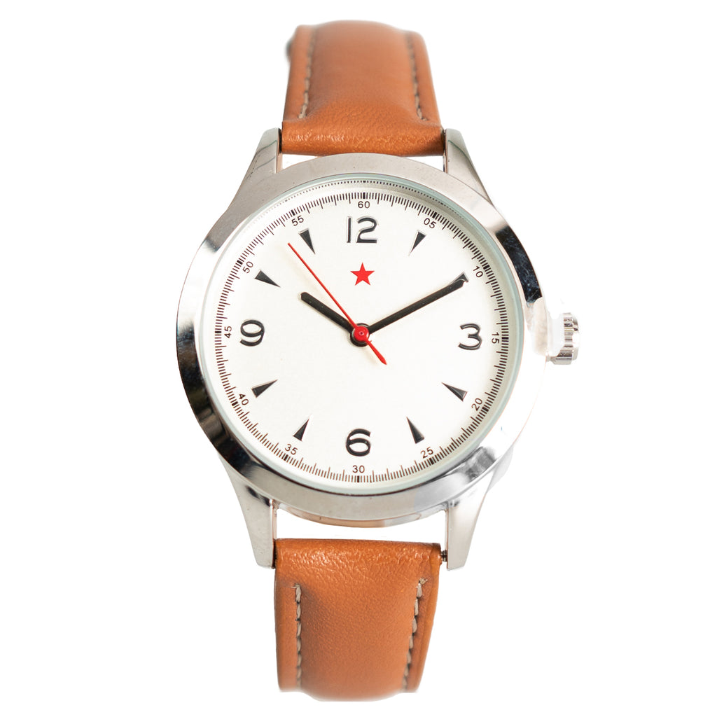 1960s Chinese pilot style watch with white dial, red star logo, Arabic numerals, and a tan leatherette strap.
