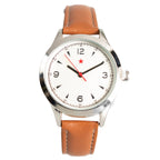 1960s Chinese pilot style watch with white dial, red star logo, Arabic numerals, and a tan leatherette strap.