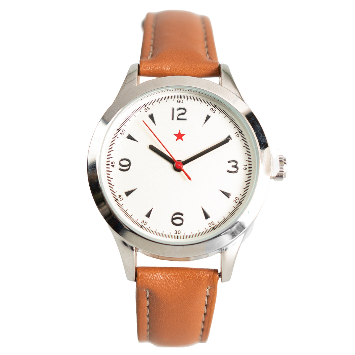 1960s Chinese pilot style watch with white dial, red star logo, Arabic numerals, and a tan leatherette strap.