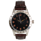 1960s French Naval Pilot watch with black dial, orange numerals, luminous hands, fluted bezel, and brown crocodile-effect leatherette strap.