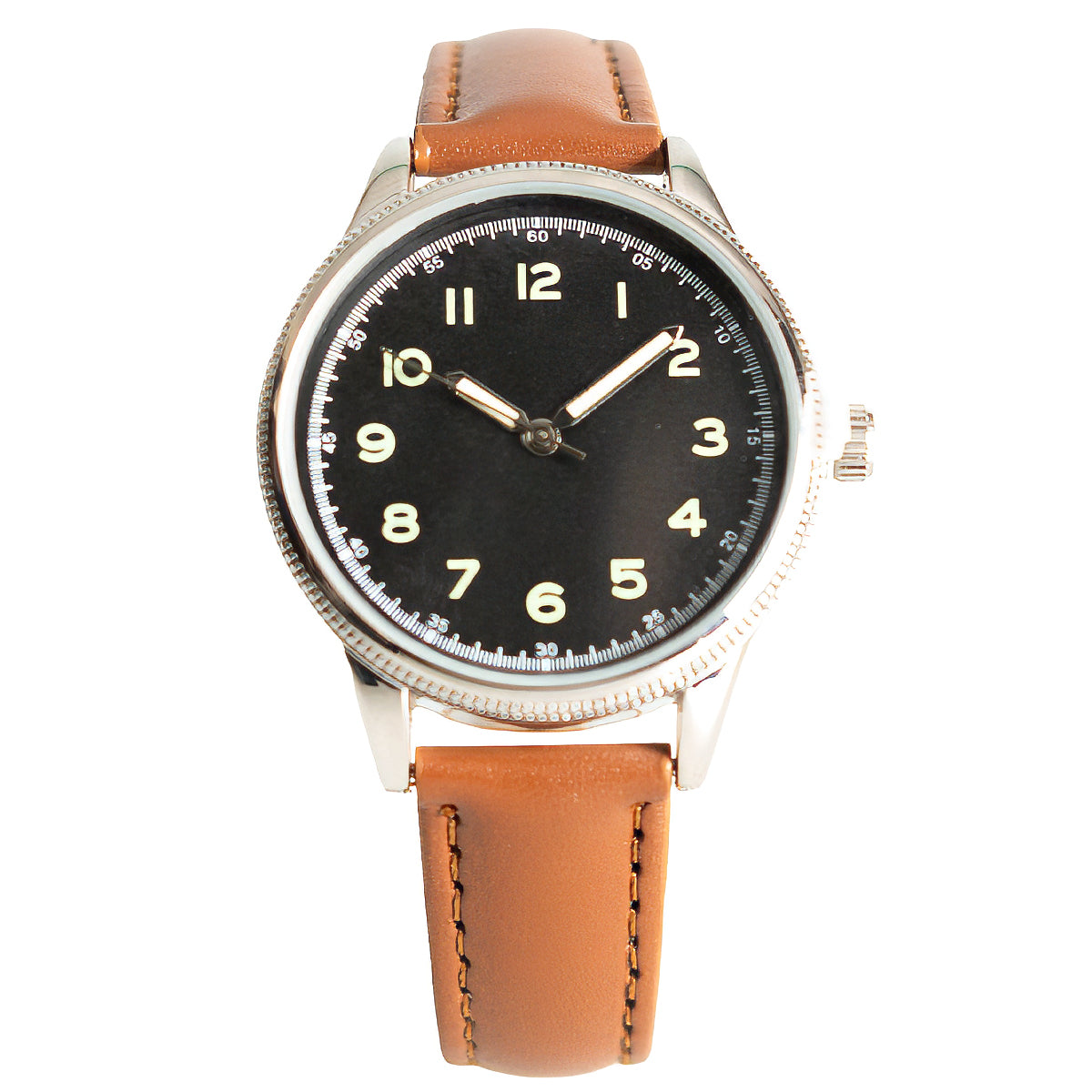 Eaglemoss 1950s French pilot style watch with a black dial, luminous green numerals, and a brown leatherette strap.