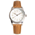 1940s Japanese Army style quartz watch featuring a clean white dial, luminous hands, and a textured brown leatherette strap.