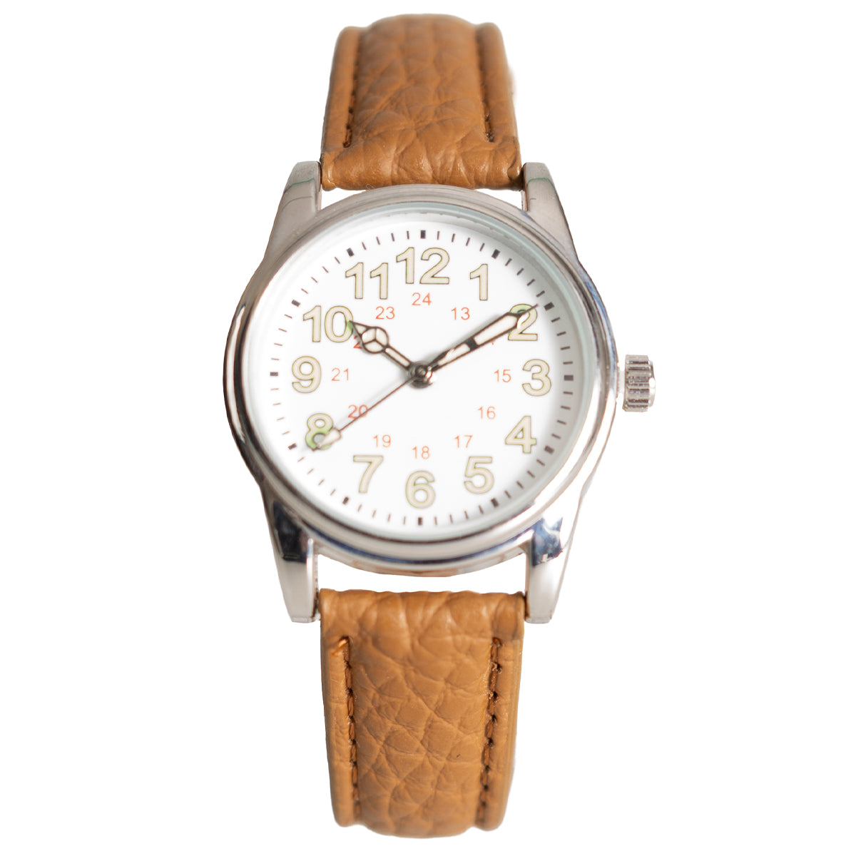 1940s Japanese Army style quartz watch featuring a clean white dial, luminous hands, and a textured brown leatherette strap.