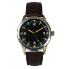 Eaglemoss 1960s Pakistani Airman quartz watch with a black 3-6-9-12 dial, silver case, and dark brown leather strap.